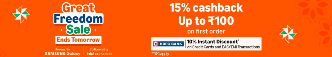 Amazon Great Freedom Sale — 15% cashback up to ₹100 on first order